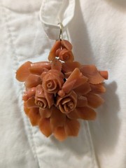 Antique Floral Carved Coral Pin And Earrings