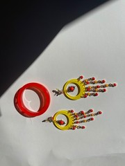 Vintage Thailand Boho Lucite Hoop Chandelier Earrings & Orange Resin Bangle Set