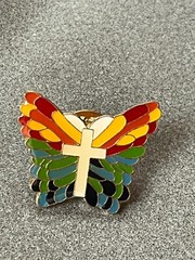Vintage Red Yellow Blue Green Enamel Butterfly w White CROSS Goldtone Lapel Hat