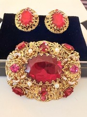 West Germany Gold Filigree Enamel Ruby Red & Pink Rhinestone Brooch & Earrings