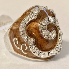 Vintage Brown Enamel Swirl Crystal Cocktail Ring Art Deco Silver Plated Size 8