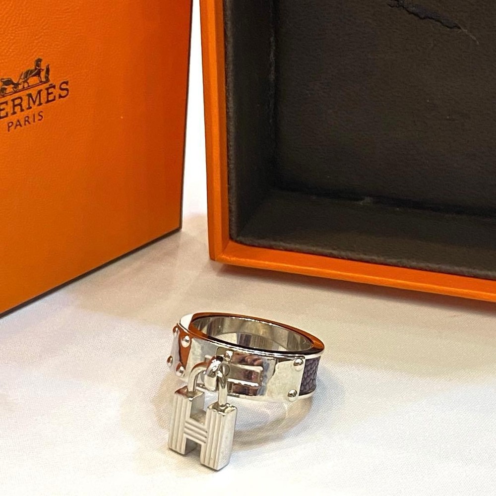 HERMES Kelly H Charm Scarf Ring Silver Brown 20mm