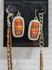 Necklace Earring Set Vintage Designer KC Beaded Two Strand Silver Tone Pendant