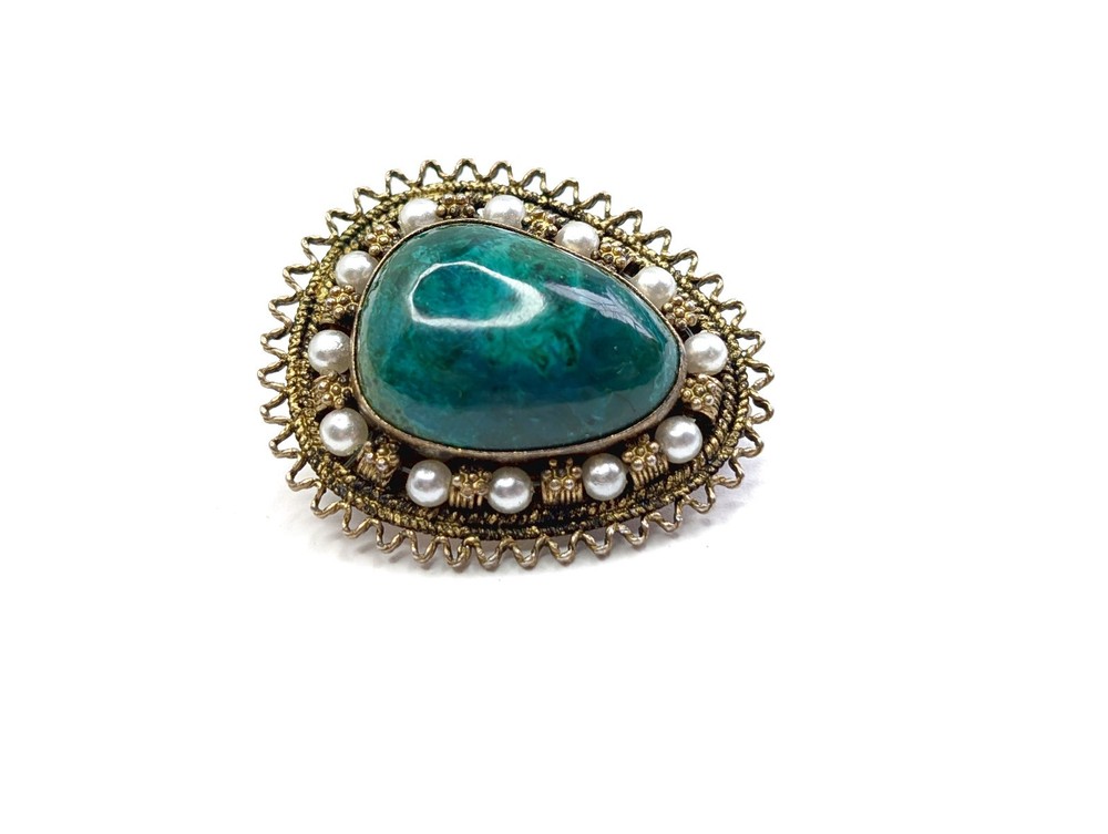 Rare Vtg Handmade Israel Sterling Silver Pearls Green Chrysocolla Brooch Pendant
