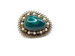 Rare Vtg Handmade Israel Sterling Silver Pearls Green Chrysocolla Brooch Pendant