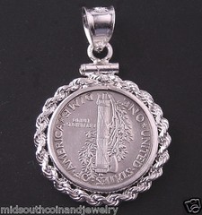 Coin Pendant Silver Vintage Mercury Dime Sterling Silver Rope Bezel with Bail US