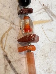 Vintage 25+” necklace, handmade Enameled beads, copper, coral, agate, jasper,Exc