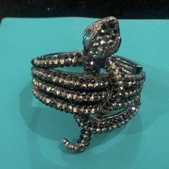 Vintage Black Rhinestone Snake Wrap Around Bracelet Hinged One Size Fits Most