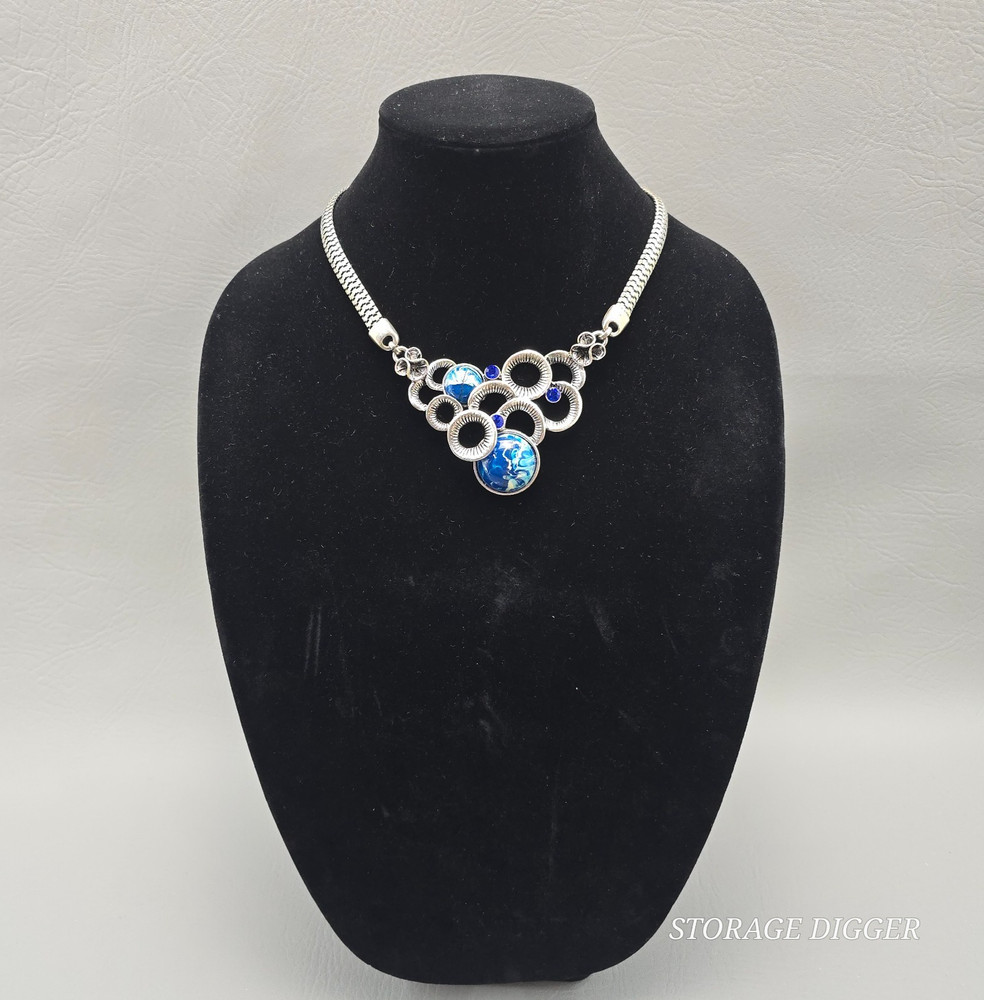 Vintage Bib Statement Necklace Silver Tone Blue Marbled Cabochon Rhinestone 19″