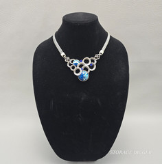 Vintage Bib Statement Necklace Silver Tone Blue Marbled Cabochon Rhinestone 19″