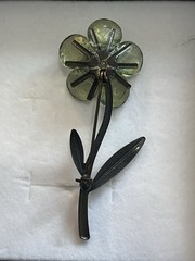 Vintage Green Glass Flower Brooch Pin Emerald Rhinestone Floral 3″