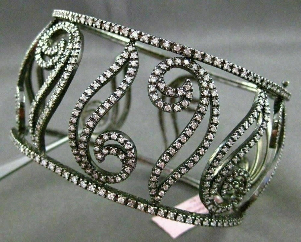 ESTATE WIDE 5.30CT DIAMOND 14K BLACK GOLD 3D FILIGREE MULTI LEAF BANGLE BRACELET