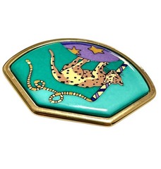 Vintage HERMÈS Cloisonné Enamel Fan-Shaped Brooch with Spotted Panther/Cheetah