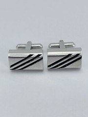 Cufflinks Rectangle Silver tone with horizontal black enamel lines