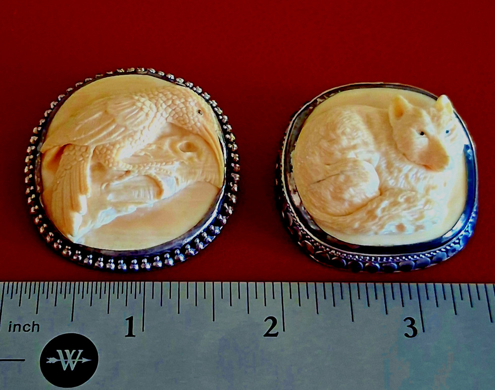 Vintage 925 Sterling Silver Hand Carved Bone Cameo Brooch Pendant Set Fox Bird