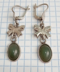Vintage Earrings natural Nephrite stones Sterling Silver 925 star USSR Jewelry