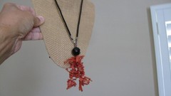 Vintage Branch of Coral Faceted Crystal or Onyx On Black Silk Cord Necklace NICE