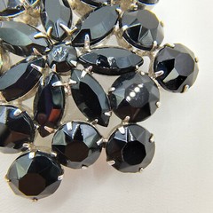 Vintage Black Glass Rhinestone Flower Brooch Pin Silver Tone Art Deco Style