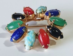 Vintage Gold-tone Brooch 1.25″ Ring of Multicolor Prong-set Semi-precious Stones