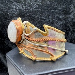 Vintage Brutalist Cuff Bracelet Mixed Metals Polished Stone 6.5”