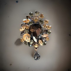 Vintage Rhinestone Brooch Dangle Pendant Smoky Black Gray Topaz Statement Pin 3”