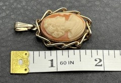 Vintage Faux Shell Cameo Pendant Gold Tone Twisted Frame Victorian Style