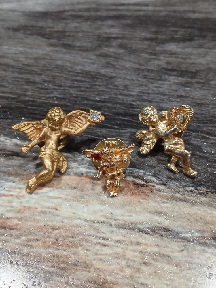 Vintage Gold Tone Guardian Angel Lapel Pin Lot Of 3 Religious Shoulder Angel
