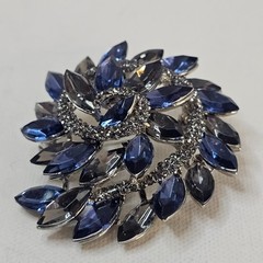 Silver Metal Colored Swirl Brooch Blue Gray Navette Rhinestone Unmarked Pendant