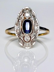 Art Deco Vintage 14k Gold Finish Lab Created Diamond & Sapphire Engagement Ring