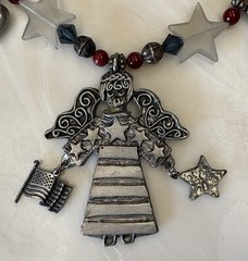 Marcie Signed 27” Pewter Charm & Beads Necklace PATRIOTIC Angel Picnic Sunflower