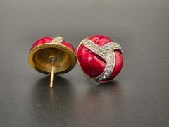 Vintage signed MMA MAd round red enamel and rhinestone stud earrings jewelry