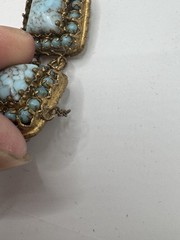 Vintage CZECHO Czech Faux Turquoise Glass Filigree Panel Bracelet 7.5”