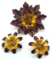 Vintage Large Brown and Yellow Enamel Flower Brooch & Clip On Earrings Beautiful