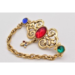 AJC Vintage Victorian Cabochon Pin Brooch Antiqued Gold Chain Signed 1980s BinBP
