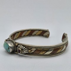Vtg Tibetan Mixed Metal Cuff Bracelet Turquoise Garnet Tri Metal Nepal Bangle