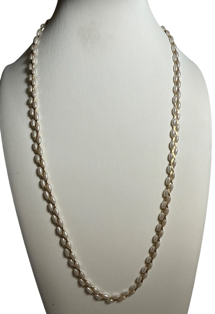 Vintage-style, long chain necklace faux pearls interwoven gold-tone links 25″