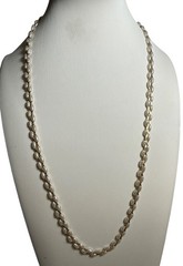 Vintage-style, long chain necklace faux pearls interwoven gold-tone links 25″