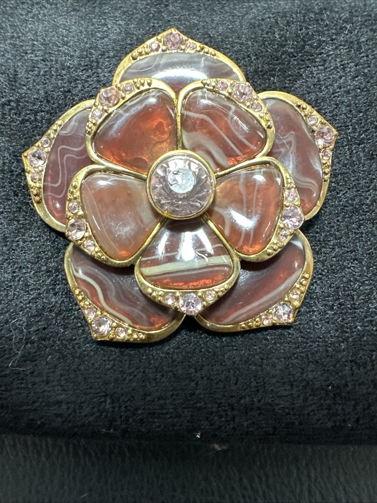 Liz Claiborne Flower Brooch Gold Brown and Pink Rhinestones 2