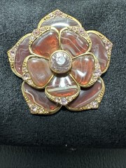 Liz Claiborne Flower Brooch Gold Brown and Pink Rhinestones 2