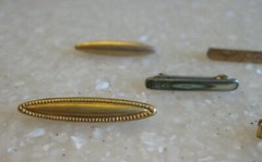 Lot 5 Antique Bar Pins Gemstones? Shell, Etched Floral, Solid Gold Top