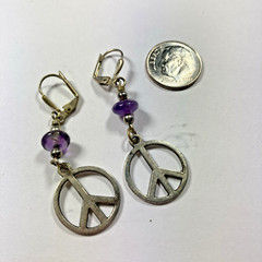 Earrings Silver Peace Sign Drop with Purple Glass Beads .75-inch x 1 7/8-inch