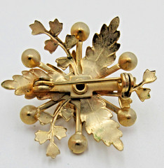 VTG LAYERED FLOWER leaf BROWN RHINESTONE gold tone METAL OPEN WORK Brooch Pin