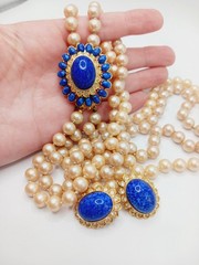 Vintage Set faux Lapis Lazuli mottled Glass Necklace pearl dome cabochon mogul