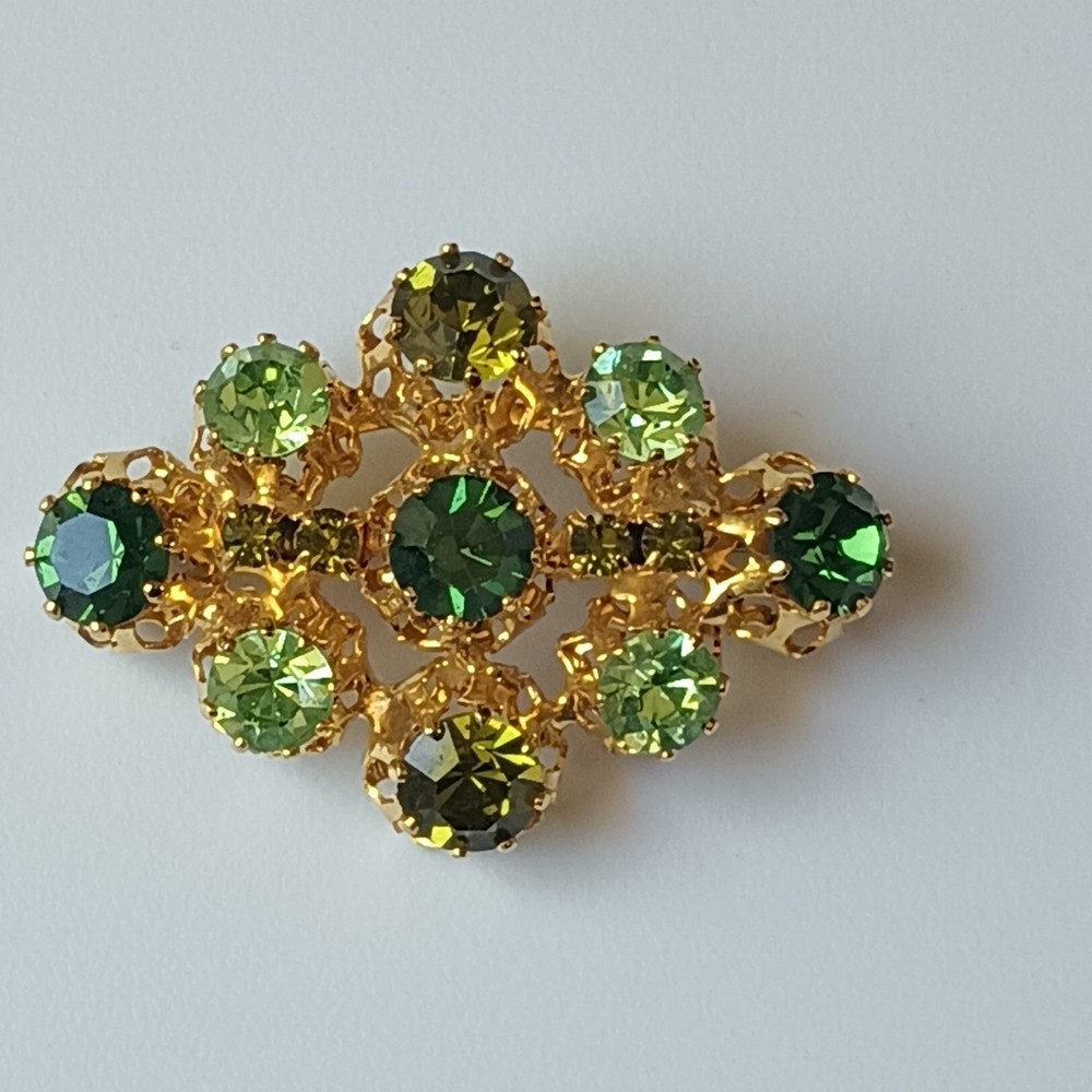 Vintage Signed Austria Asymmetrical Gold Tone Brooch w/ Green Round Rhinestones