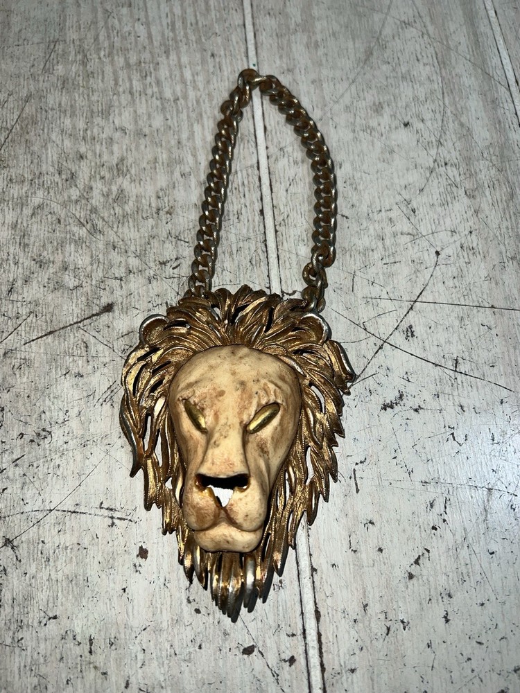 Vintage 70s LUCA RAZZA Leo LION Head NECKLACE Gold Tone STATEMENT PENDANT As Is