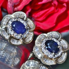 14k yellow gold earrings 3.70ct natural treated sapphire, natural diamond 8.1g