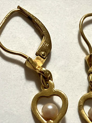 Vintage Gold Precious Metal W Germany Open Heart Pearl Dingle Earrings Signed FB