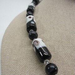 Vintage Glass Beaded Necklace Art Glass Black White 18 Inch