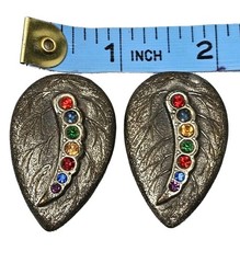 Antique Art Deco Bejeweled Metal Leaf Clip On Earrings | Appr 1.5″L & .75″W