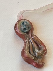 Handmade Green & Iridescent Coral Polymer Clay Mystical Face Pendant w Silk Ribb
